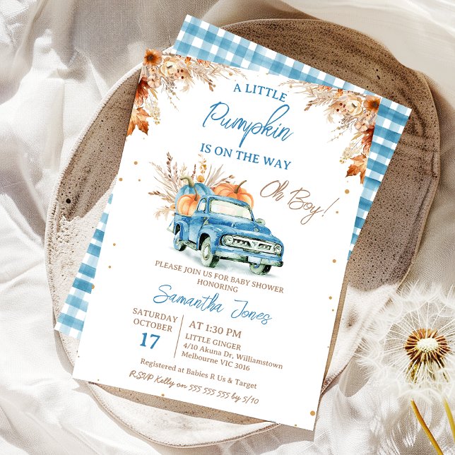 Invitation Rustic Blue Truck Petit Baby shower Citrouille (Boy Fall Little Pumpkin Baby Shower Invitation, Blue Pumpkin Truck Baby Shower Invite, Brown Foliage)