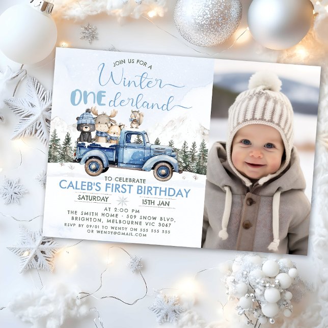 Invitation Rustic Blue Truck Winter Onederland 1st Birthday (Winter Onederland Birthday Invitation, Winter Onederland - 1st Birthday Invitation Template, Blue)