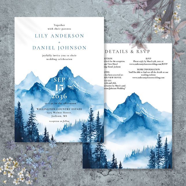 Invitation Rustic Blue Watercolor Mountain Détails du Mariage (Rustic Blue Watercolor Mountain Wedding Details Invitation)