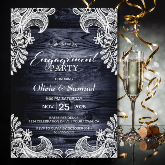 Invitation Rustic Blue Wood Lace Engagement Party (Créateur téléchargé)