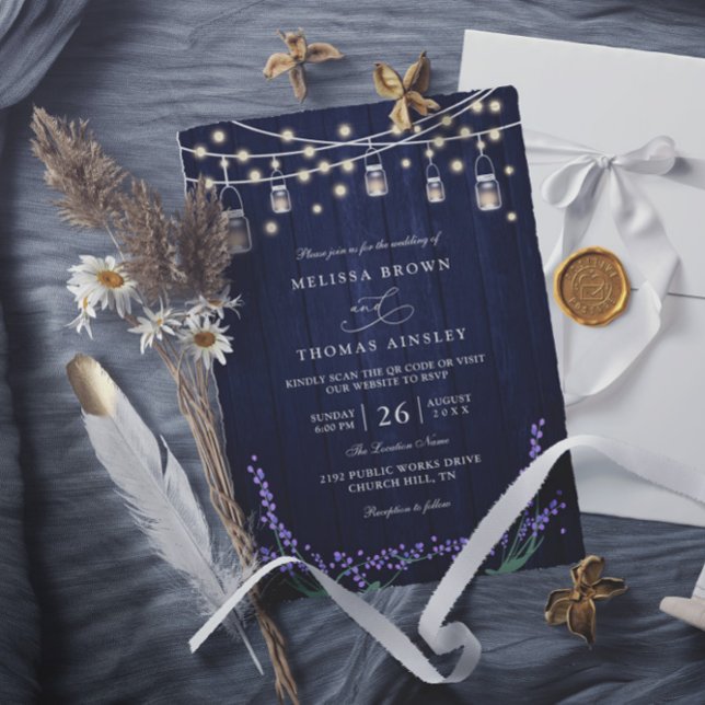Invitation Rustic Blue Wood Lavender Elegant QR Code Wedding (Créateur téléchargé)