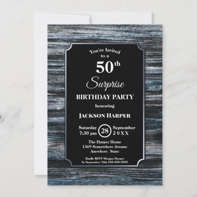 Invitation Rustic Blue Wood Surprise 50e fête d'anniversaire (Devant)