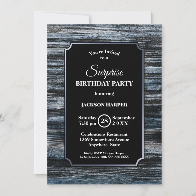 Invitation Rustic Blue Wood Surprise fête d'anniversaire (Devant)