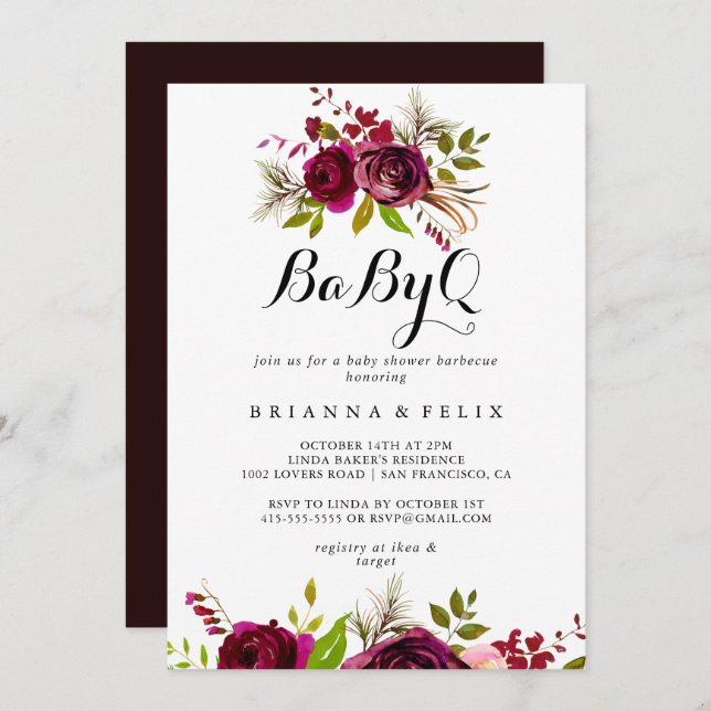 Invitation Rustic Blush Burgundy BabyQ Baby shower Barbecue (Devant / Derrière)