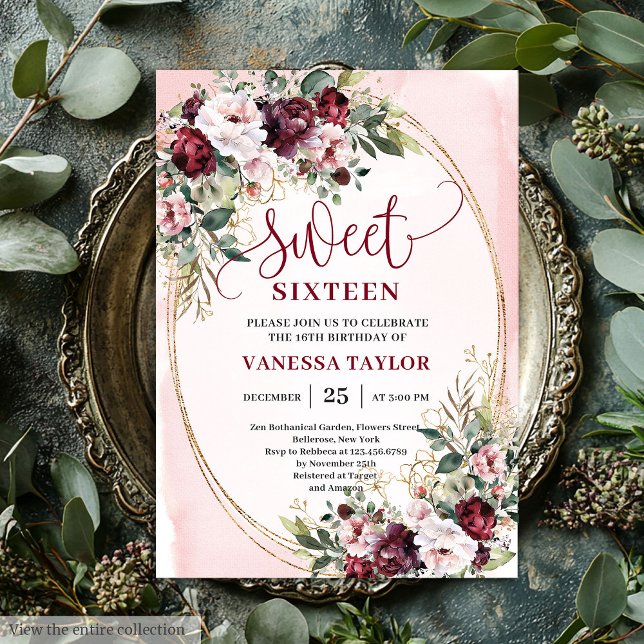 Invitation Rustic Blush Burgundy Gold Sweet Sixteen Invites (Rustic Blush Burgundy Gold Sweet Sixteen Invitation

)