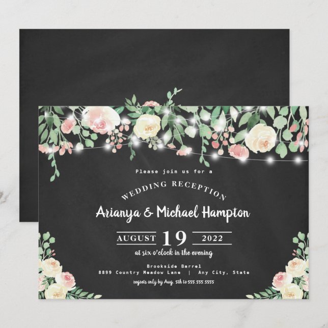 Invitation Rustic Blush Floral Lights Réception de mariage un (Devant / Derrière)
