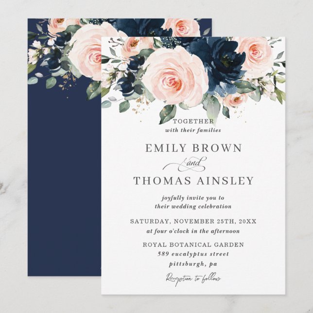 Invitation Rustic Blush Navy Blue Floral Greenery Mariage (Devant / Derrière)