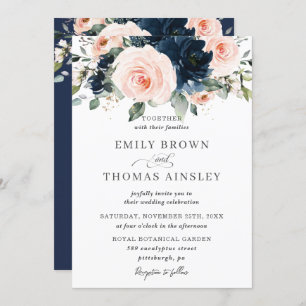 Invitation Rustic Blush Navy Blue Floral Greenery Mariage