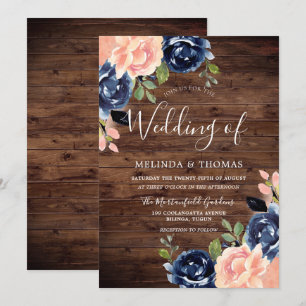 Invitation Rustic Blush & Navy Blue Flowers Mariage