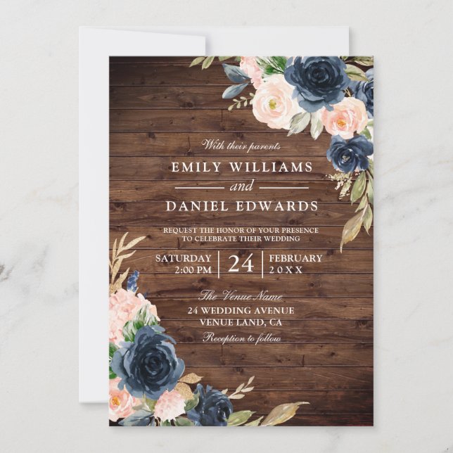 Invitation Rustic Blush & Navy Floral Mariage (Devant)