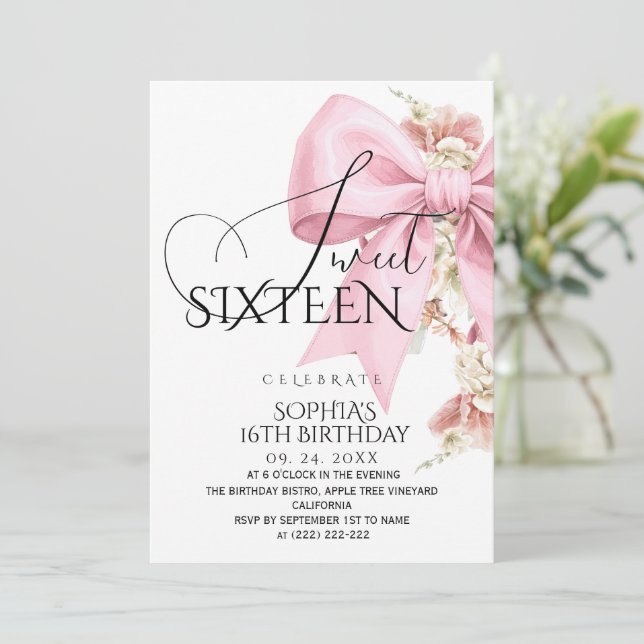 Invitation Rustic Blush Pink Bow Sweet 16 Birthday (Debout devant)