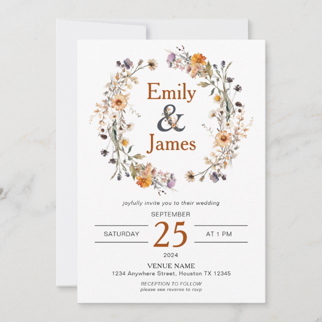 Invitation Rustic Boho Automne Fleur sauvage Mariage (Devant)