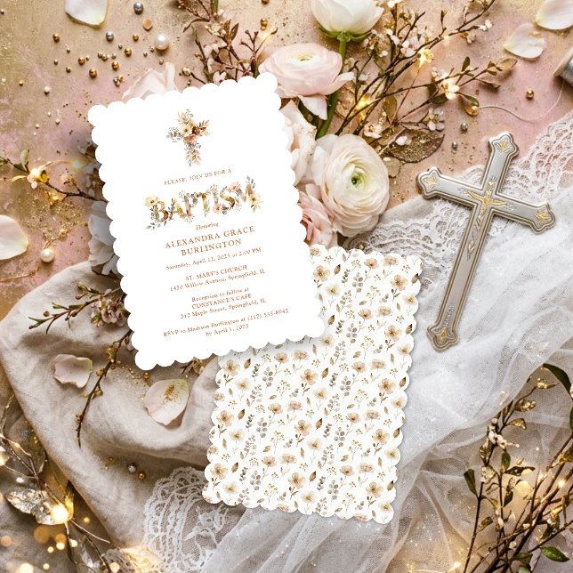 Invitation Rustic Boho Chic Floral Cross Baptism TMF26 (Rustic Boho Chic Floral Cross Baptism Invitation with Soft Earthy Botanical Accents and Delicate.)