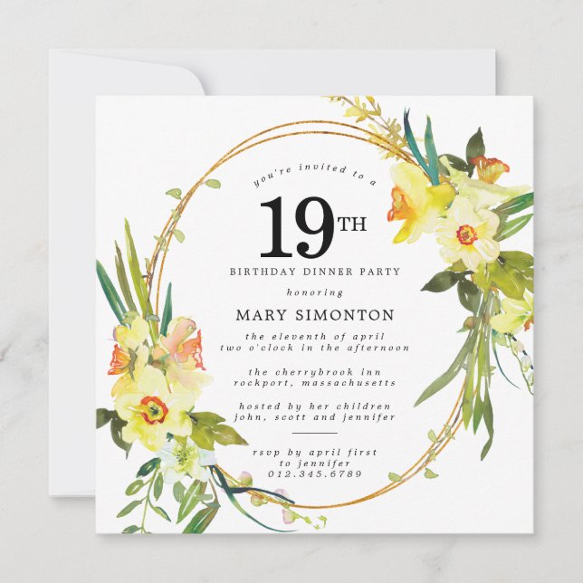 Invitation Rustic Boho Daffodil 19e anniversaire Dîner fête (Devant)