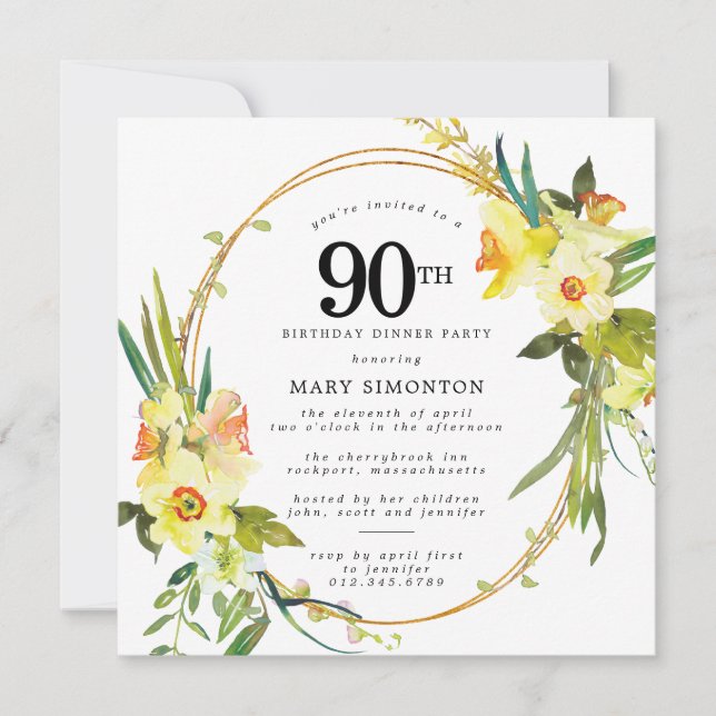Invitation Rustic Boho Daffodil 90e anniversaire Dîner fête (Devant)