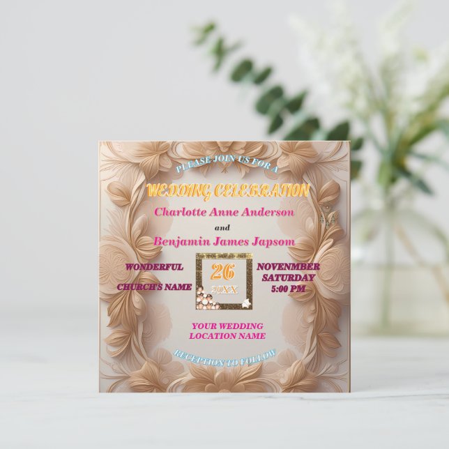 Invitation  Rustic Boho Golden Glitter Floral Wedding   (Debout devant)