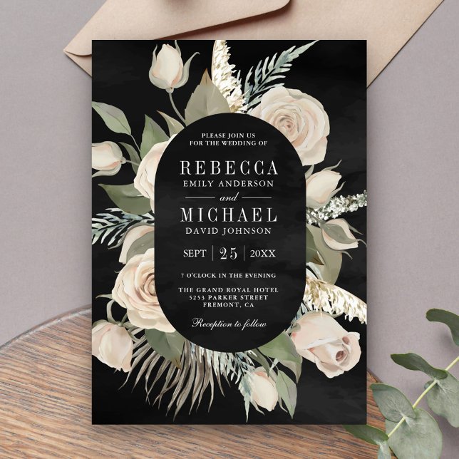 Invitation Rustic Boho Ivory Roses Sage Green Black Wedding (Créateur téléchargé)