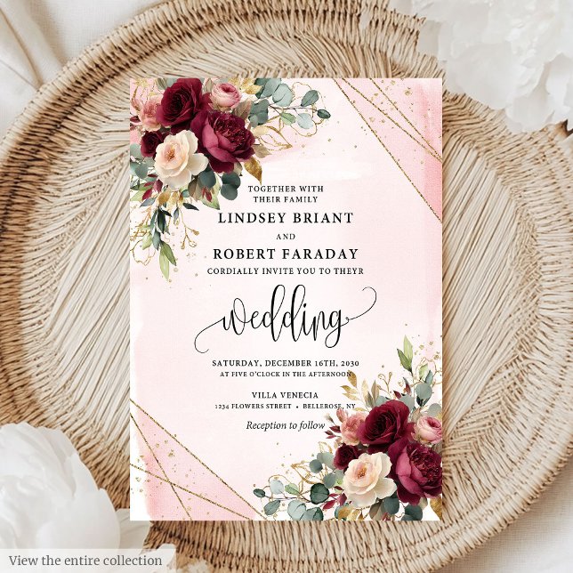 Invitation Rustic Boho Maroon Gold Blush Roses de mariage Inv (Rustic Boho Maroon Gold Blush Roses Wedding Invitation)
