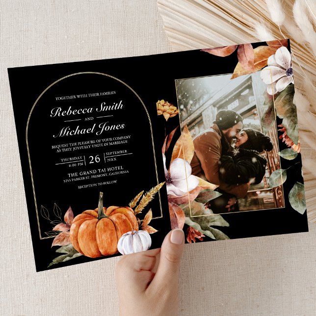 Invitation Rustic Boho Pumpkin Photo QR Code Black Wedding (Créateur téléchargé)