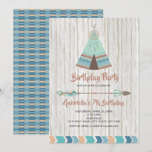 Invitation Rustic Boho Tribal Teepee fête d'anniversaire (Devant / Derrière)