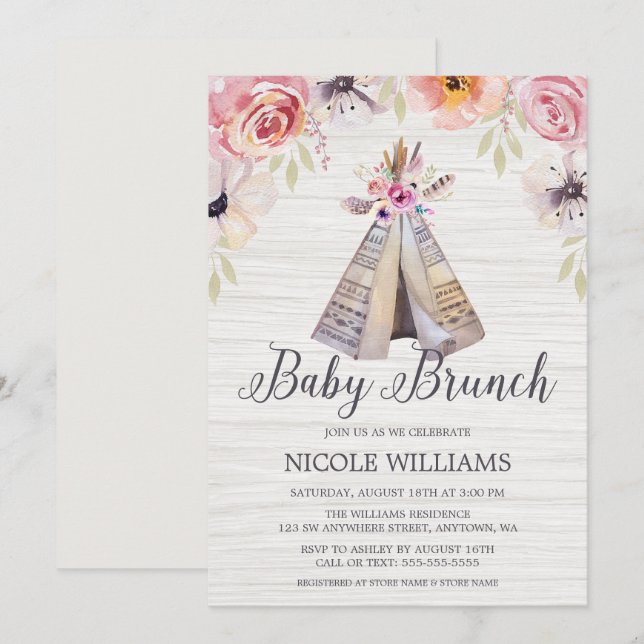 Invitation Rustic Boho Tribal Teepee Girl Baby Brunch Douche (Devant / Derrière)