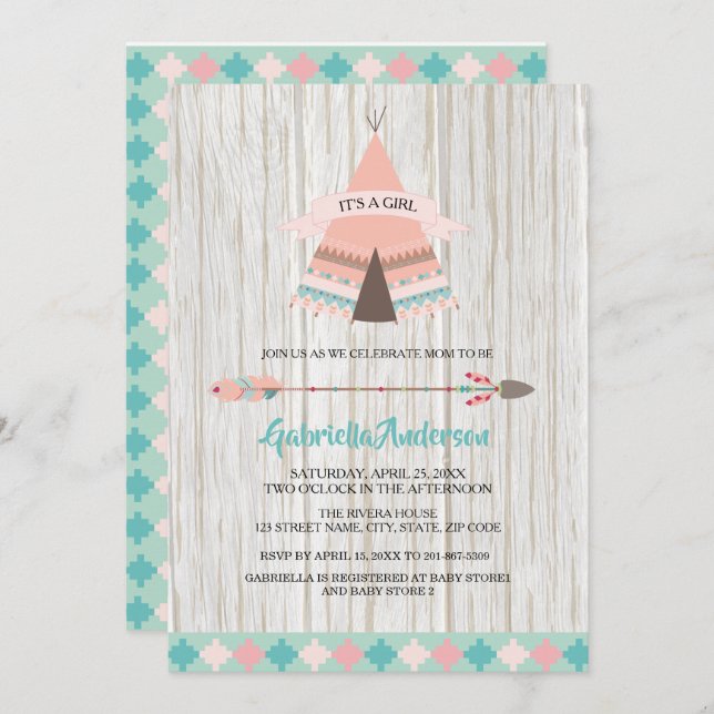 Invitation Rustic Boho Tribal Teepee Girl Baby shower (Devant / Derrière)