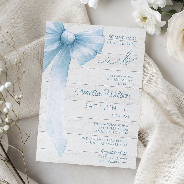 Invitation Rustic Bow Something Blue Bridal Shower (Rustic Bow Something Blue Bridal Shower Invitation)