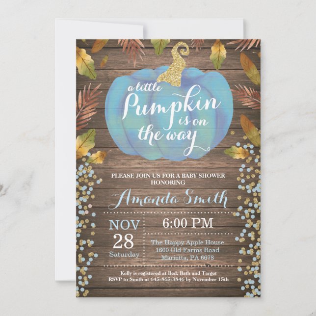 Invitation Rustic Boy Citrouille Automne Baby shower Gold Par (Devant)