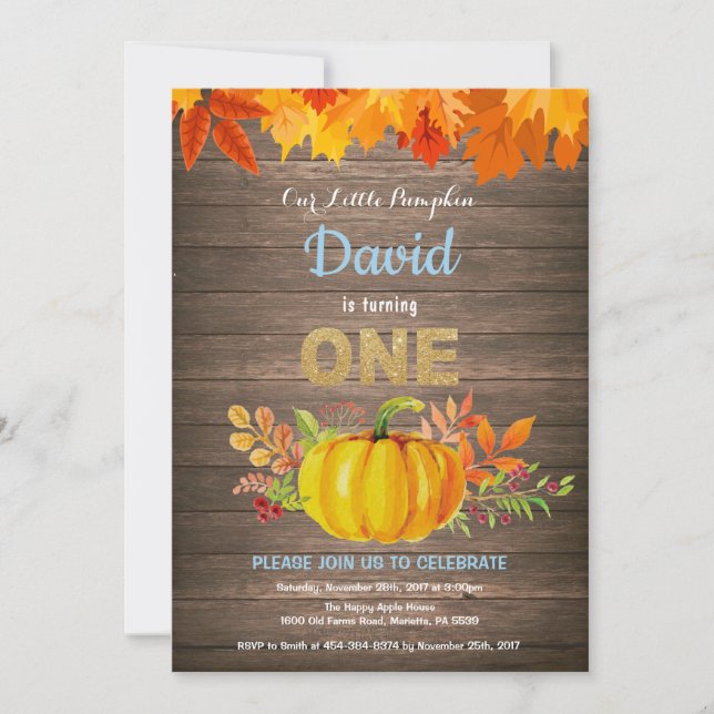 Invitation Rustic Boy Citrouille Automne Premier Anniversaire (Devant)