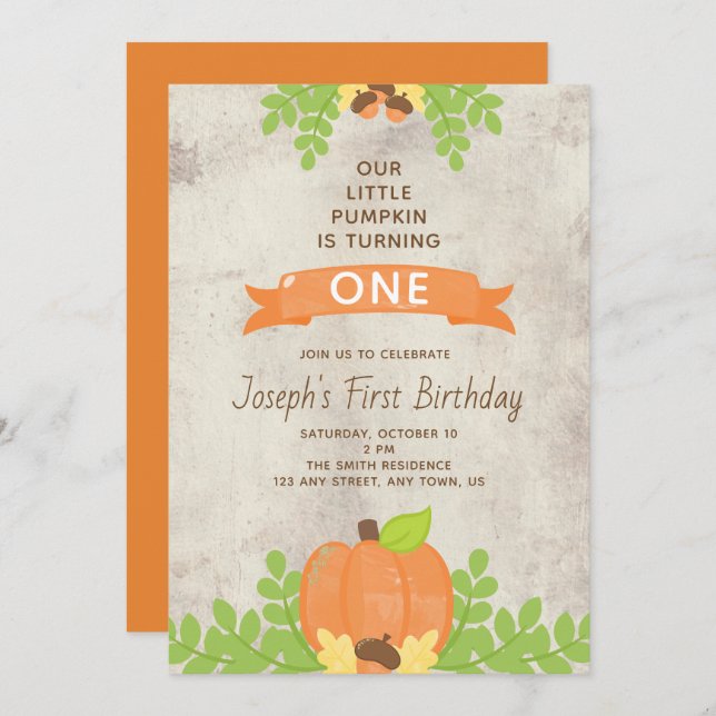 Invitation Rustic Boys Our Little Citrouille Acorns 1er Anniv (Devant / Derrière)