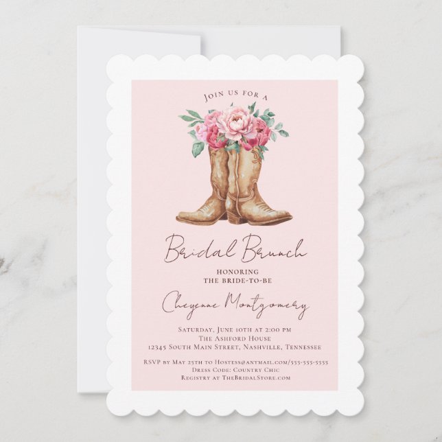 Invitation Rustic Bridal Brunch Cowgirl Chic Pink Floral (Devant)