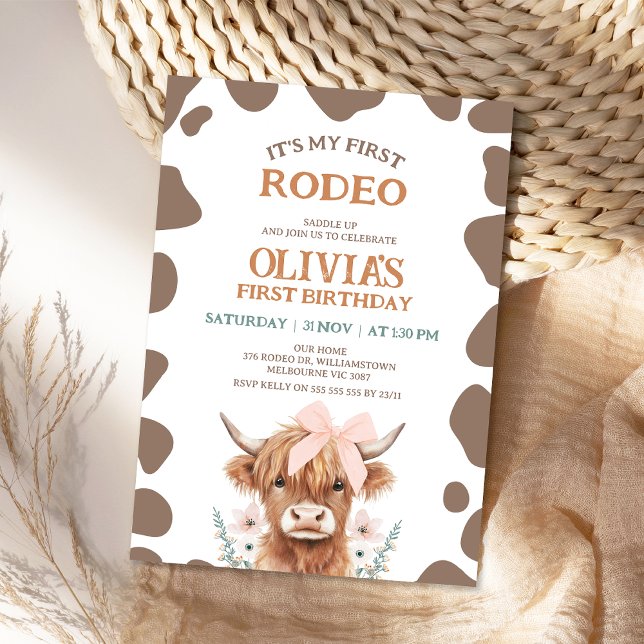 Invitation Rustic Brown Highland Cow First Rodeo 1st Birthday (My First Rodeo Birthday Invitation, 1st Birthday Invitation Rodeo, Girl 1st Birthday Invitation )