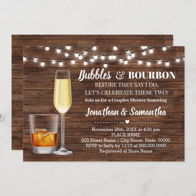 Invitation Rustic Bubbles & bourbon avant de faire la fête de (Devant / Derrière)