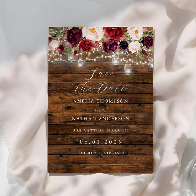 Invitation Rustic Burgundy Lights Wedding Save The Date (Créateur téléchargé)