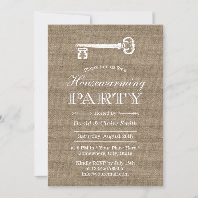 Invitation Rustic Burlap Antique Key House Party (Devant)
