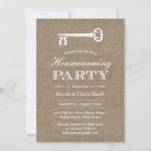 Invitation Rustic Burlap Antique Key House Party