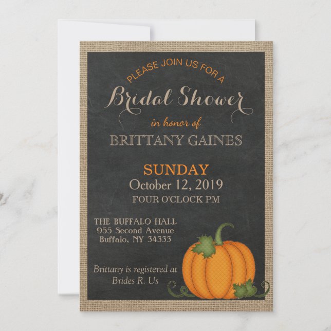 Invitation Rustic Burlap Chalkboard Orange Citrouille Douche (Devant)