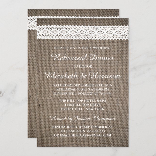 Invitation Rustic Burlap, Dîner de répétition Mariage en dent (Devant / Derrière)