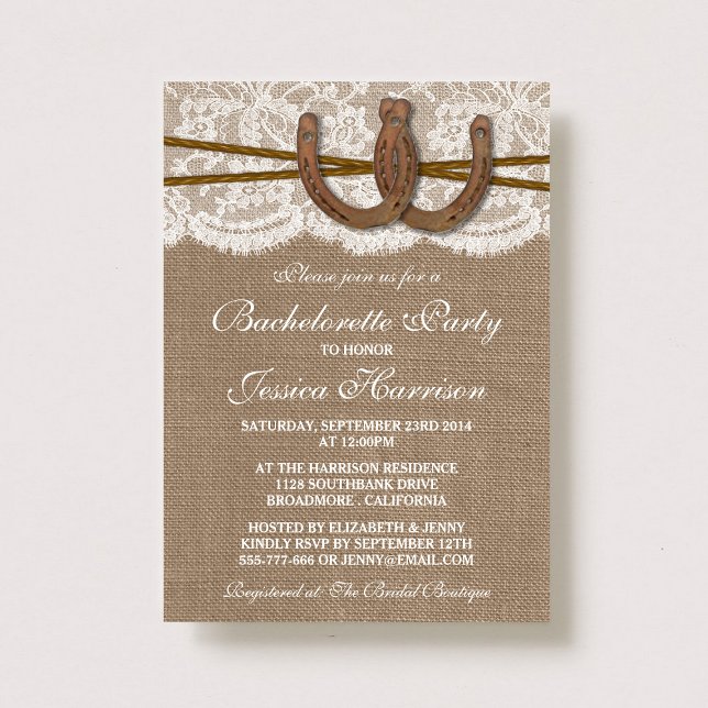 Invitation Rustic Burlap & Lace Horseshoe Bachelorette Party (Créateur téléchargé)