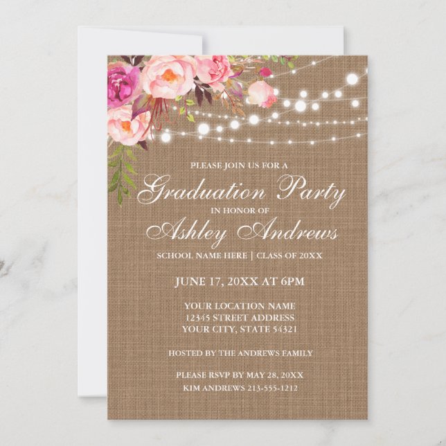 Invitation Rustic Burlap Lights Pink Graduation Party Invitat (Devant)