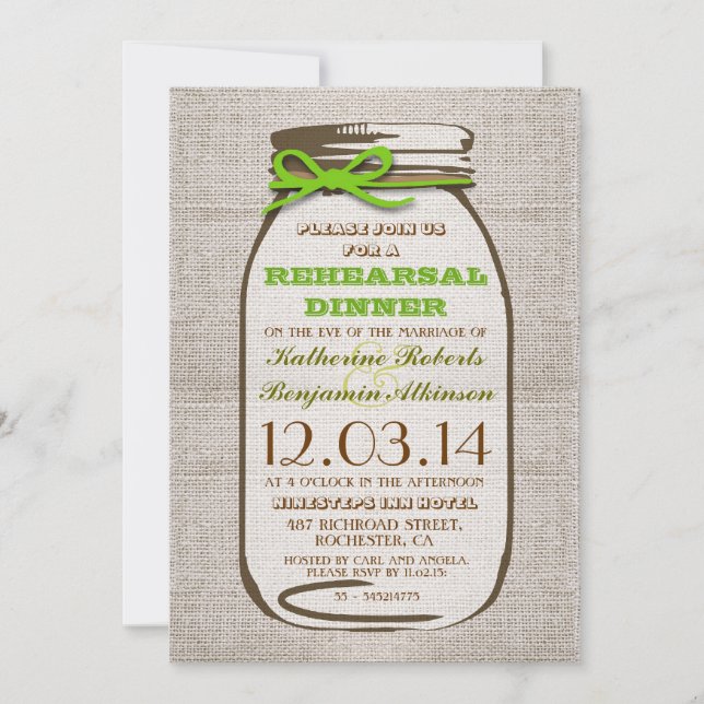Invitation Rustic Burlap Mason Jar Dîner de répétition (Devant)