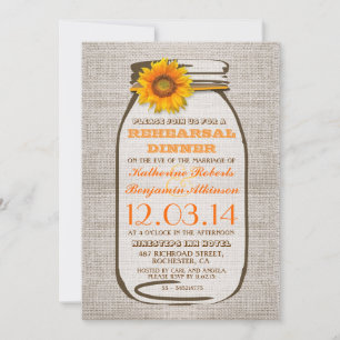 Invitation Rustic Burlap Mason Jar Tournesol Dîner de répétit