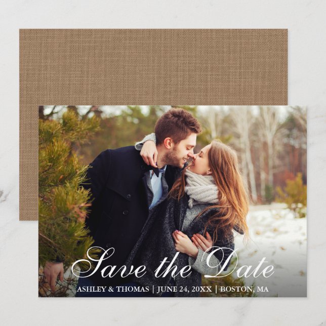 Invitation Rustic Burlap Save the Date Couple Photo (Devant / Derrière)