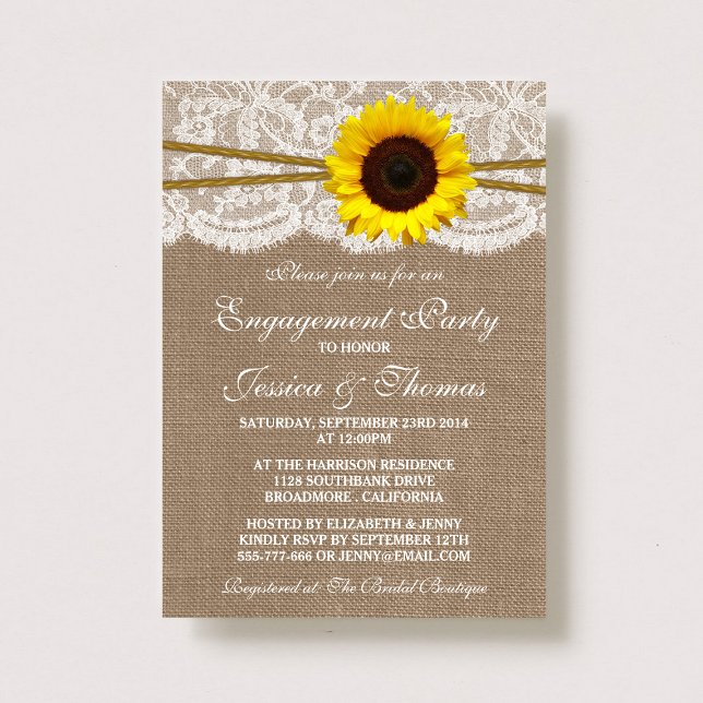 Invitation Rustic Burlap Tournesol Partie d'engagement ou dou (Créateur téléchargé)