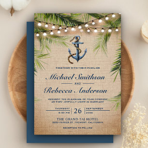 Invitation Rustic Burlap Tropical Palm Feuille Ancre Mariage