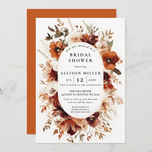 Invitation Rustic Burnt Orange Burgundy Fall Bridal Shower (Devant / Derrière)