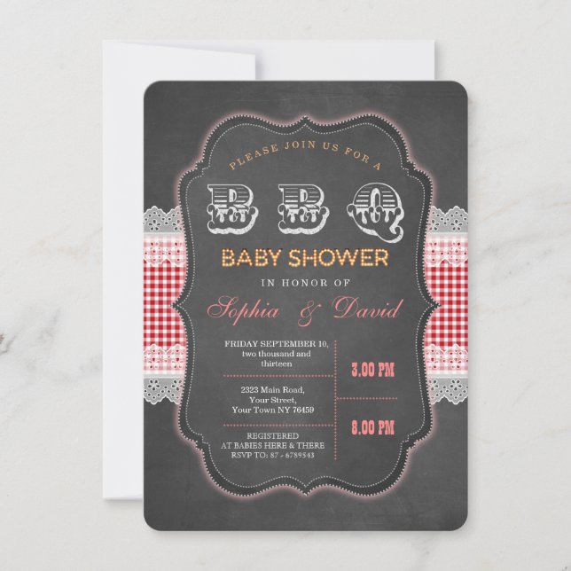 Invitation Rustic Chalk En vichy Baby shower Barbecue Invitat (Devant)