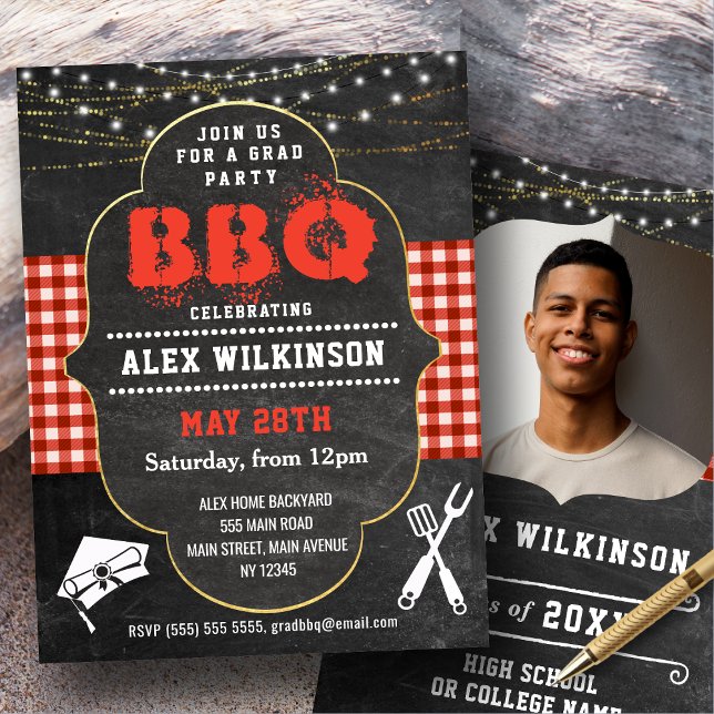 Invitation Rustic Chalkboard BBQ Party Graduation Photo (Créateur téléchargé)
