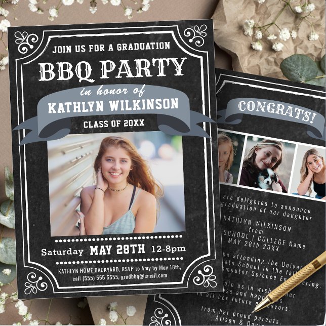 Invitation Rustic Chalkboard Graduation BBQ Party 4 Photo (Créateur téléchargé)