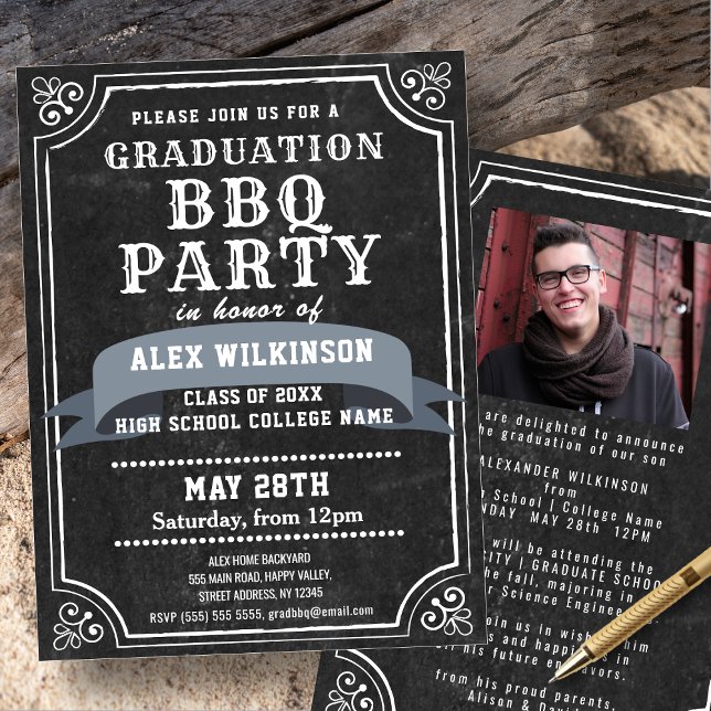 Invitation Rustic Chalkboard Graduation BBQ Party Photo (Créateur téléchargé)